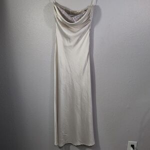 Prom dress Hoco Satin Y2k Crystal Drape Sz S‎ Sequins Beige Maxi Strapless 127